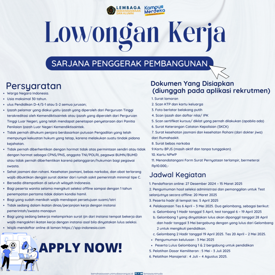 Lowongan Kerja Sarjana Penggerak Pembangunan