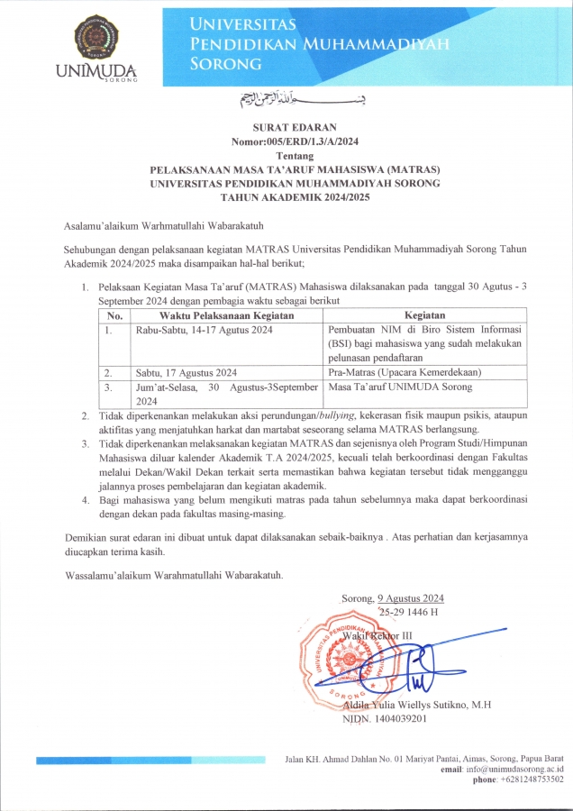 Surat Edaran Masa Ta'aruf mahasiswa (MATRAS) Tahun Akademik 2024/2025