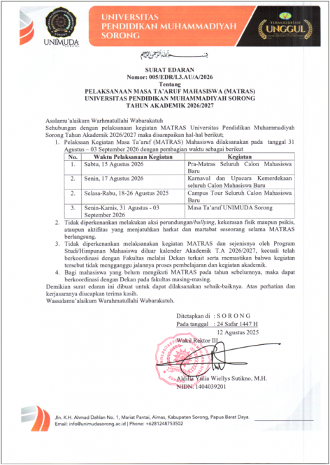 SURAT EDARAN PELAKSANAAN MASA TA’ARUF MAHASISWA (MATRAS) UNIVERSITAS PENDIDIKAN MUHAMMADIYAH SORONG TAHUN AKADEMIK 2026/2027