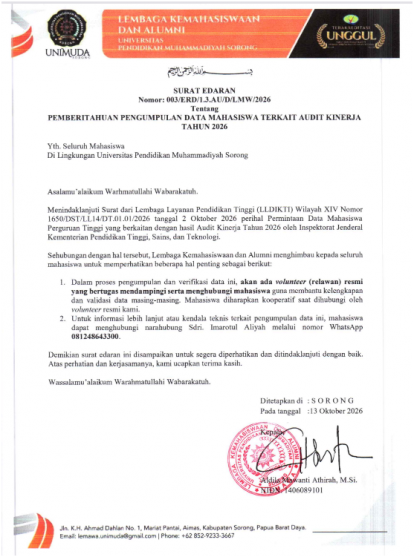 SURAT EDARAN PEMBERITAHUAN PENGUMPULAN DATA MAHASISWA TERKAIT AUDIT KINERJA TAHUN 2026